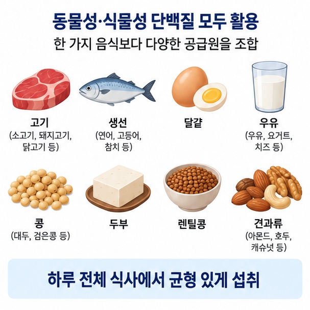 고기 생선 달걀 유제품 콩 두부 견과류 등 대표적인 단백질 음식과 다양한 식품을 조합하는 방법을 보여주는 이미지
