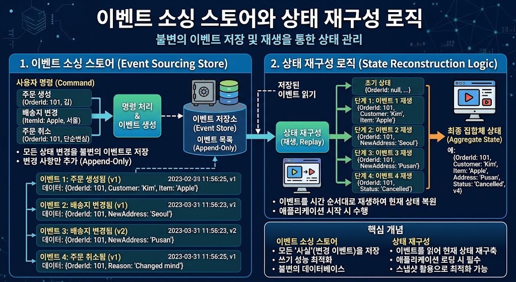 이벤트 소싱 아키텍처에서 이벤트 스트림을 저장하고 상태 재구성을 수행하는 데이터 흐름 다이어그램