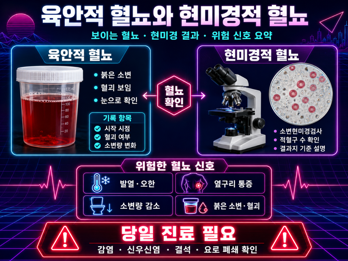 육안적 혈뇨와 현미경적 혈뇨의 차이와 당일 진료가 필요한 위험 신호를 정리한 신스웨이브 인포그래픽