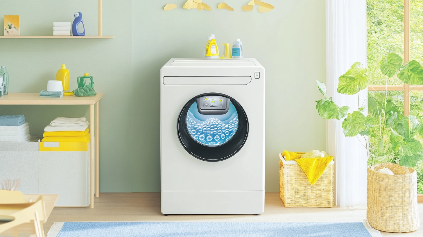 자연광이 가득한 모던한 세탁실에서 세련된 디자인의 첨단 삼성 세탁기가 에코버블 기술을 뽐내고 있는 모습.