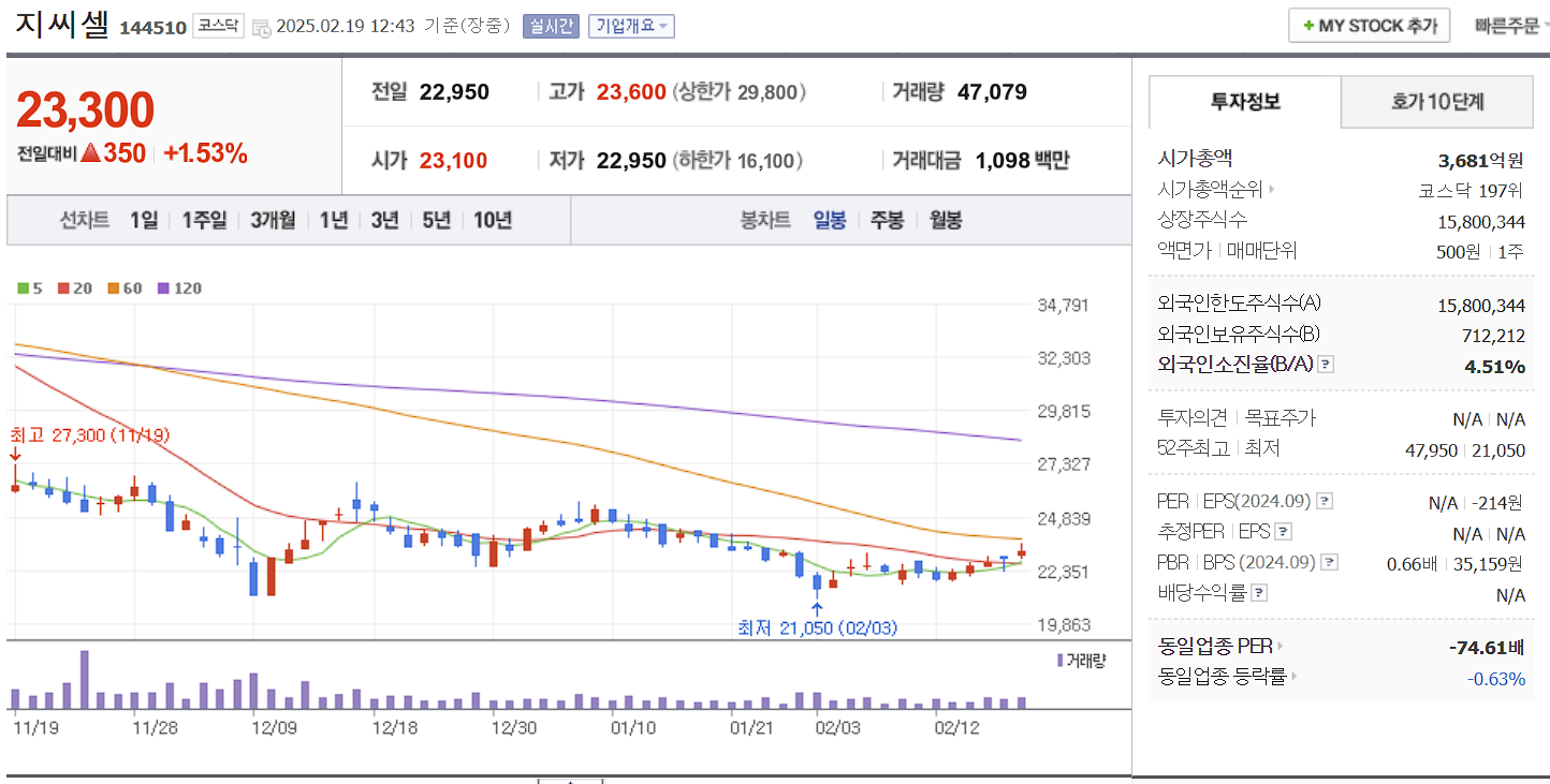 면역항암제 관련주 대장주 지씨셀 일봉 차트