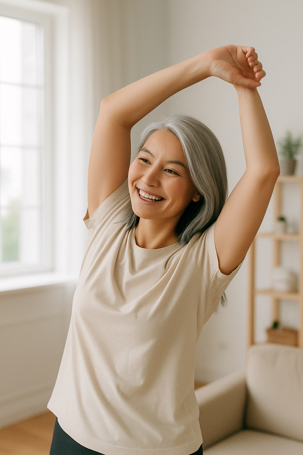 밝은 실내에서 스트레칭하는 모습