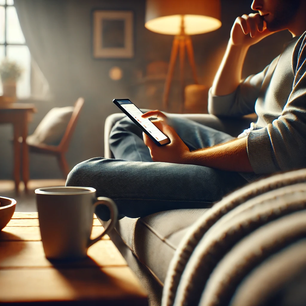 앉아서 스마트폰으로 서치하고 있는 사진