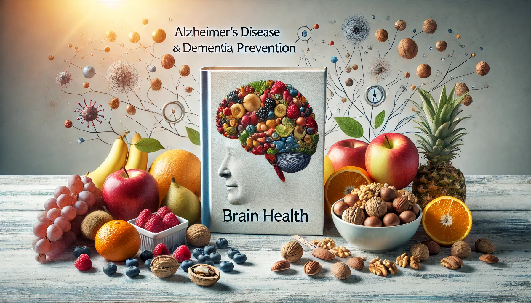 알츠하이머병'과 '치매 최신 정보 글 썸네일 - 바나나, 사과, 호두 등 치매 예방 식품이 있는 이미지