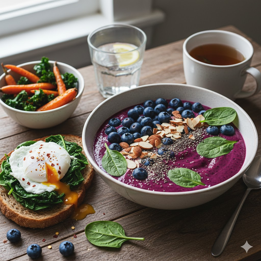 눈 건강에 좋은 블루베리와 시금치가 듬뿍 들어간 건강한 아침 식단