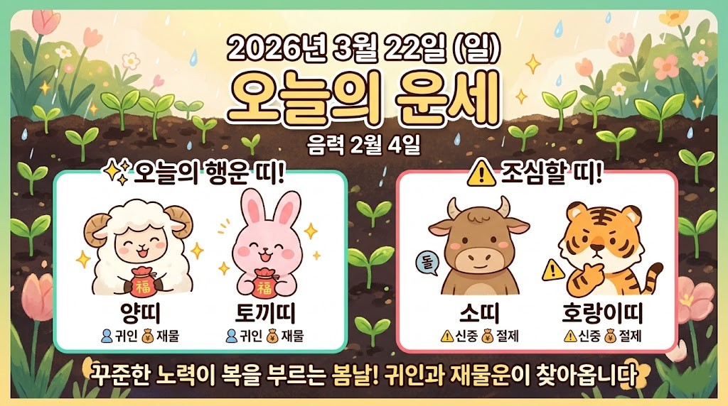 오늘의 운세 (2026.03.22) - 양띠, 토끼띠 행운, 소띠, 호랑이띠 조심!