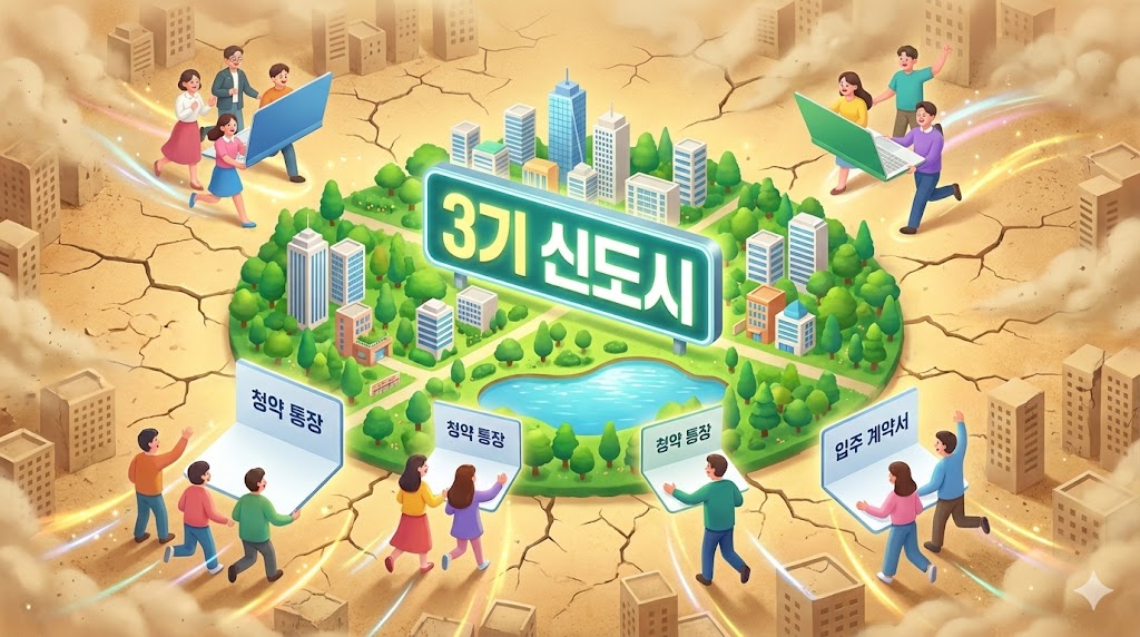 메마른 도심 한복판에 '3기 신도시'라는 푸른 오아시스가 보이고, 청약 통장을 든 사람들이 달려가는 모습