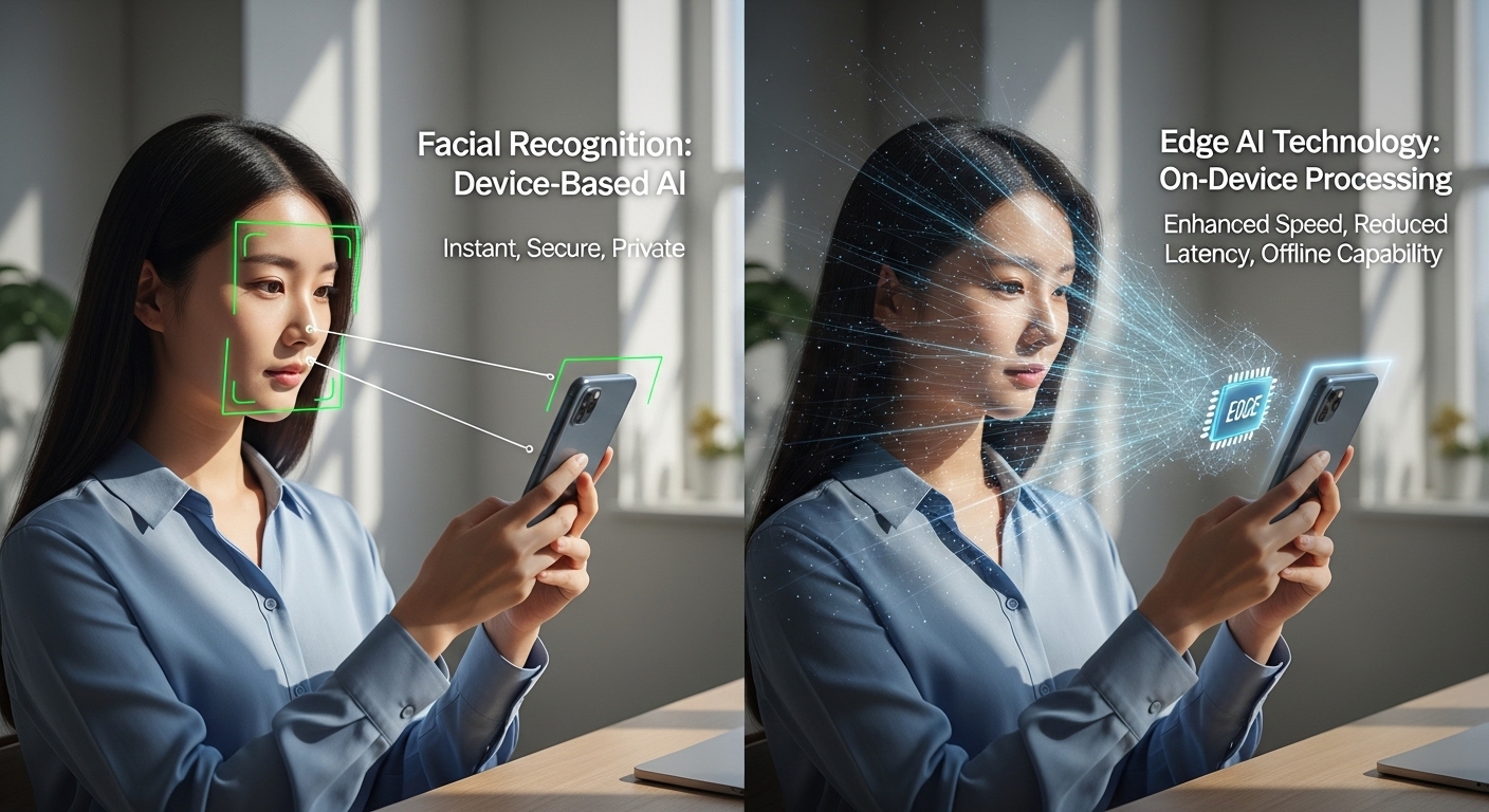 unlocking her smartphone with facial recognition using edge AI technology