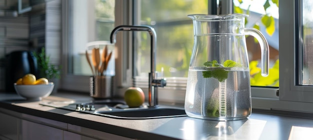 Modern home water purifier in a bright kitchen with fresh fruits.
