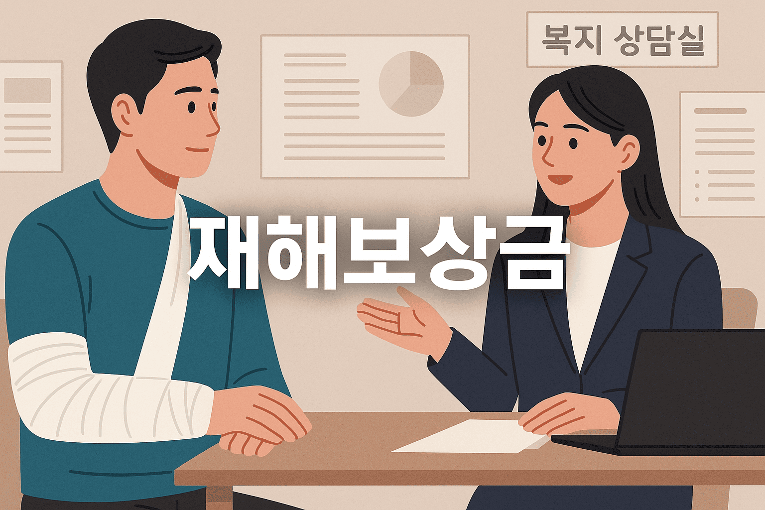 팔-붕대-감은-한국인-남성이-복지-상담받는-장면-중앙-텍스트-재해보상금