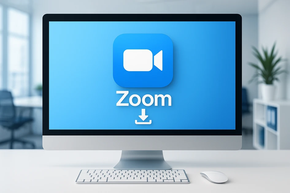 Zoom PC version download installation guide thumbnail showing computer desktop with Zoom app