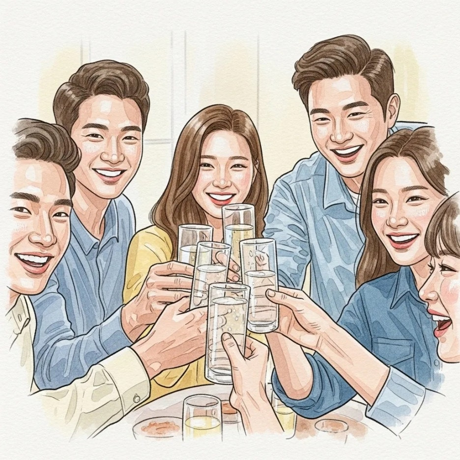 친구들과 논알코올 음료로 축배를 드는 모습