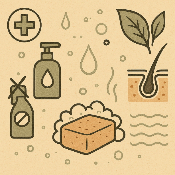 베이지색 배경에 위생과 자연 치유를 상징하는 아이콘들이 배치된 빈티지 스타일의 일러스트. 비누, 물방울, 거품, 십자가 표시, 식물 잎, 두피 단면도, 피지선, 금지 표시가 있는 용기 등 청결, 자연 성분, 피부 흡수, 무화학 성분을 표현하는 그래픽 요소들이 조화롭게 구성되어 있다.