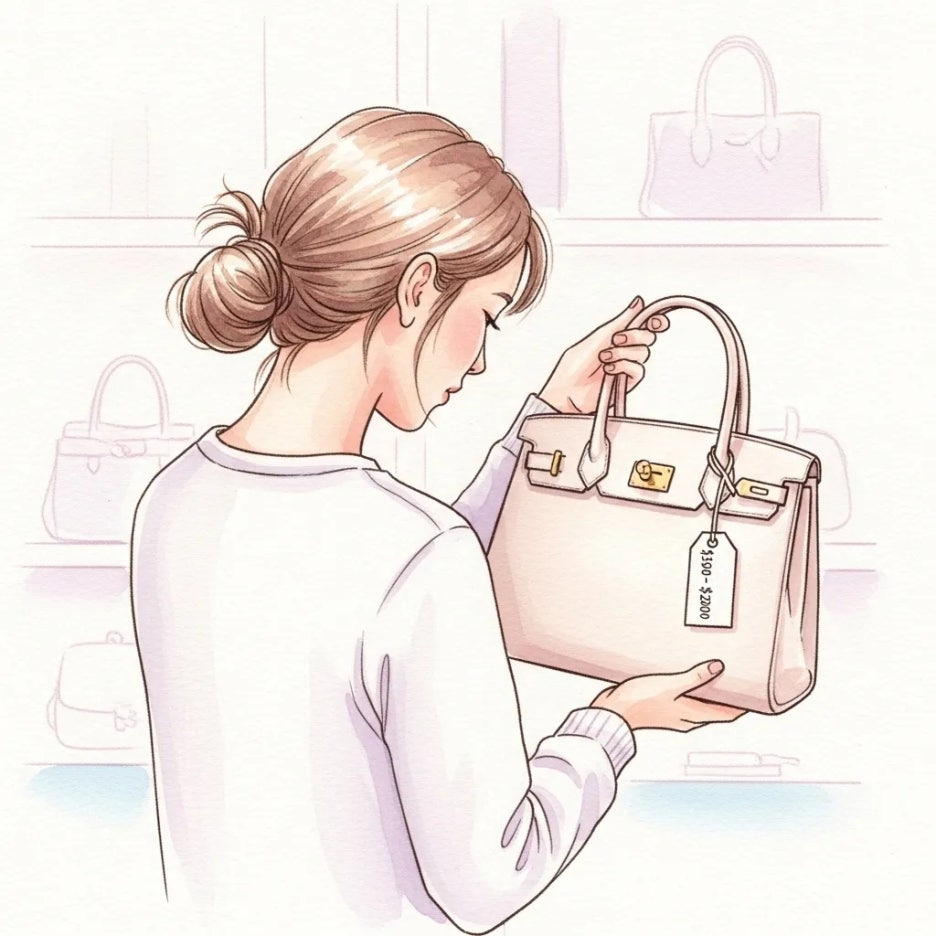 고급 부티크에서 명품 가방을 신중하게 살펴보는 모습