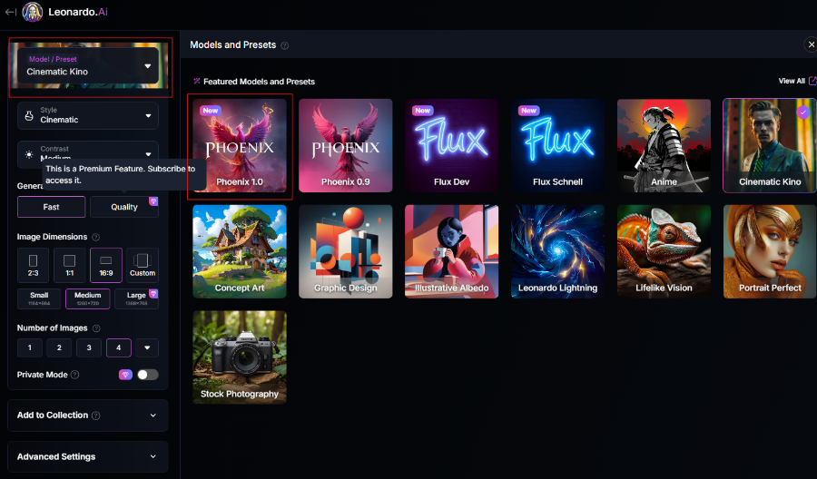 Leonardo AI 모델 선택 피닉스