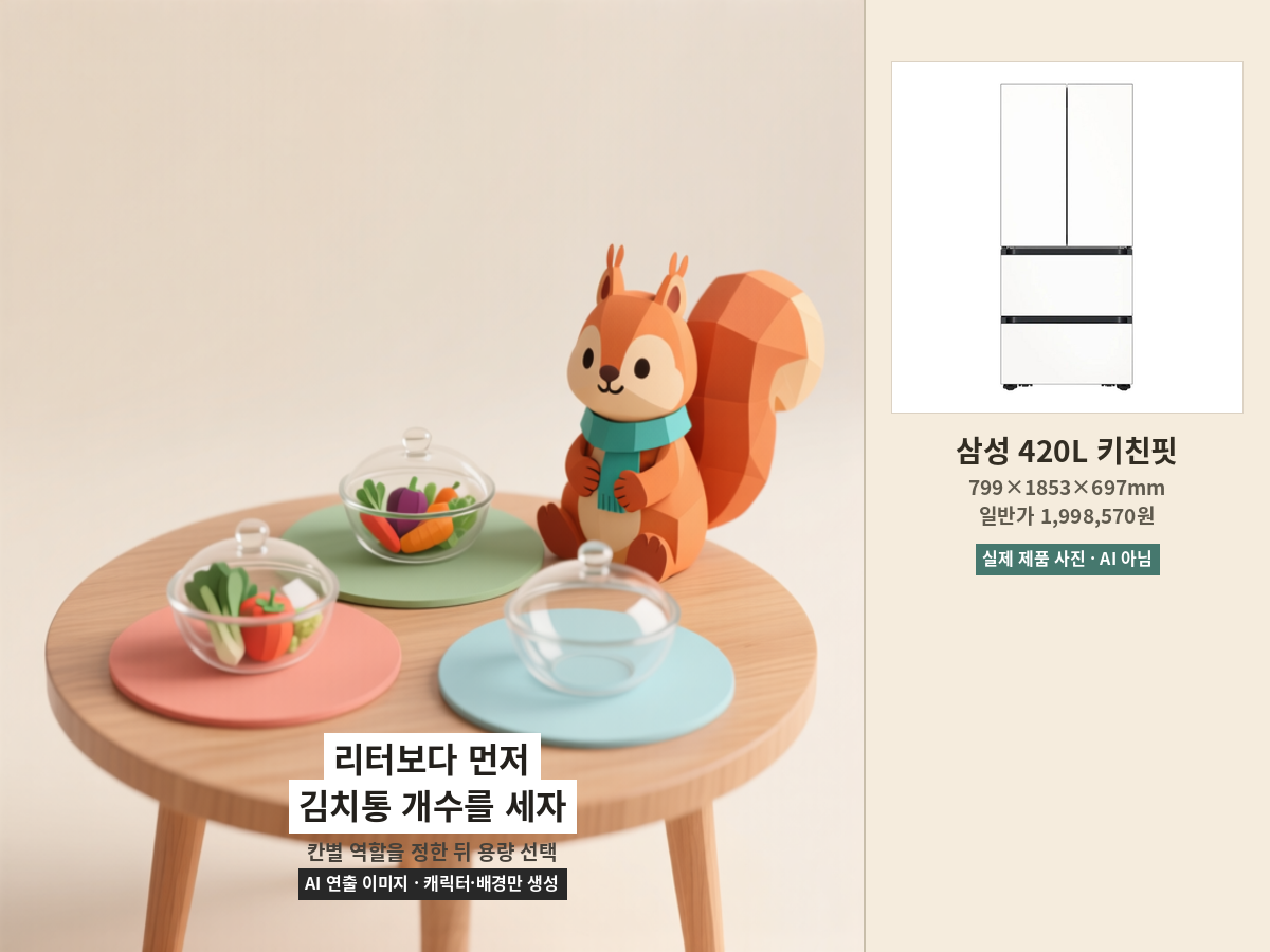 색 매트별로 식품 그릇을 나누는 AI 캐릭터와 삼성 420L 키친핏 김치냉장고 실제 제품 사진