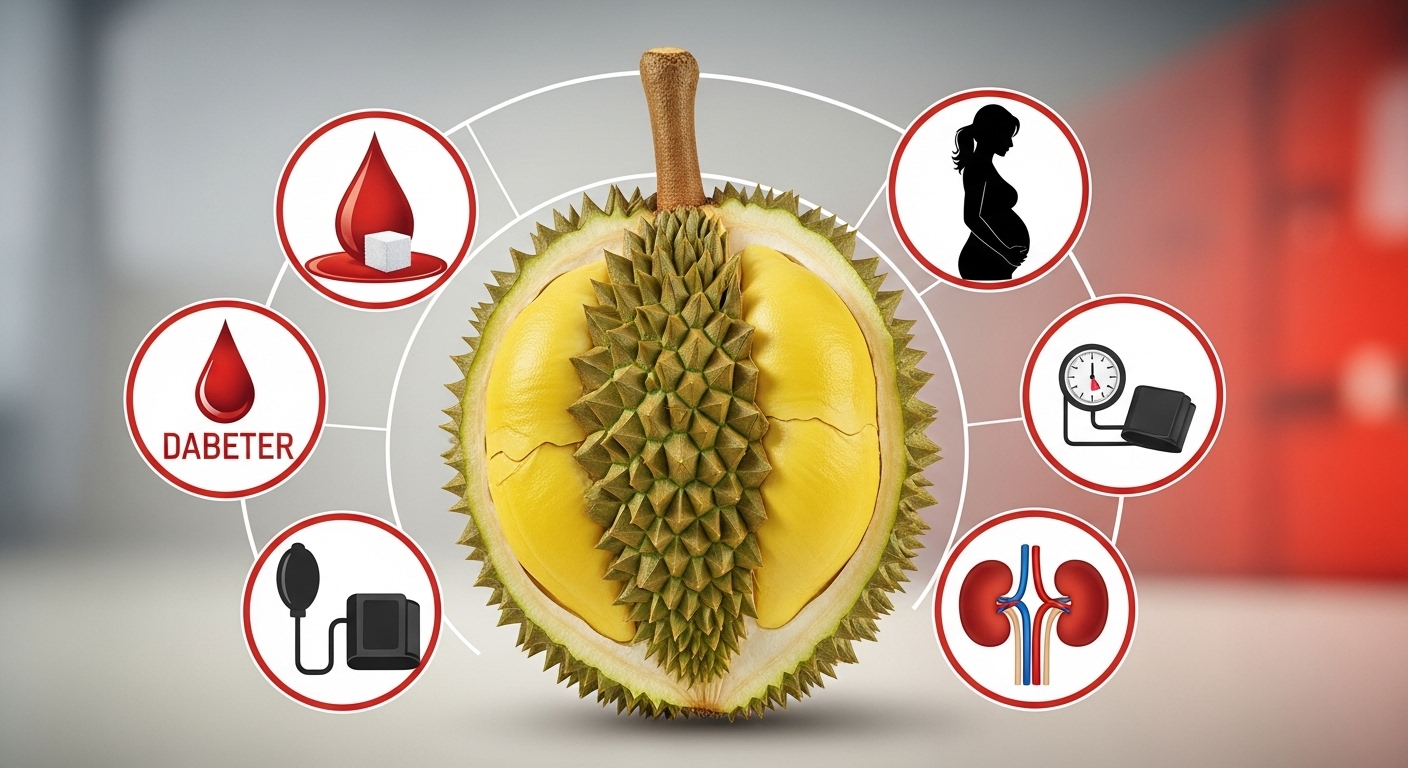 두리안 주변에 당뇨, 임산부, 고혈압, 신장 질환 등 특정 건강 상태에 대한 경고를 나타내는 아이콘들이 배치된 경고성 인포그래픽.