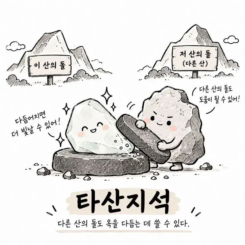 타산지석의 유래를 표현한 일러스트로, 다른 산의 거친 돌이 옥을 다듬으며 타인의 경험도 자신의 성장에 도움이 될 수 있음을 보여주는 이미지