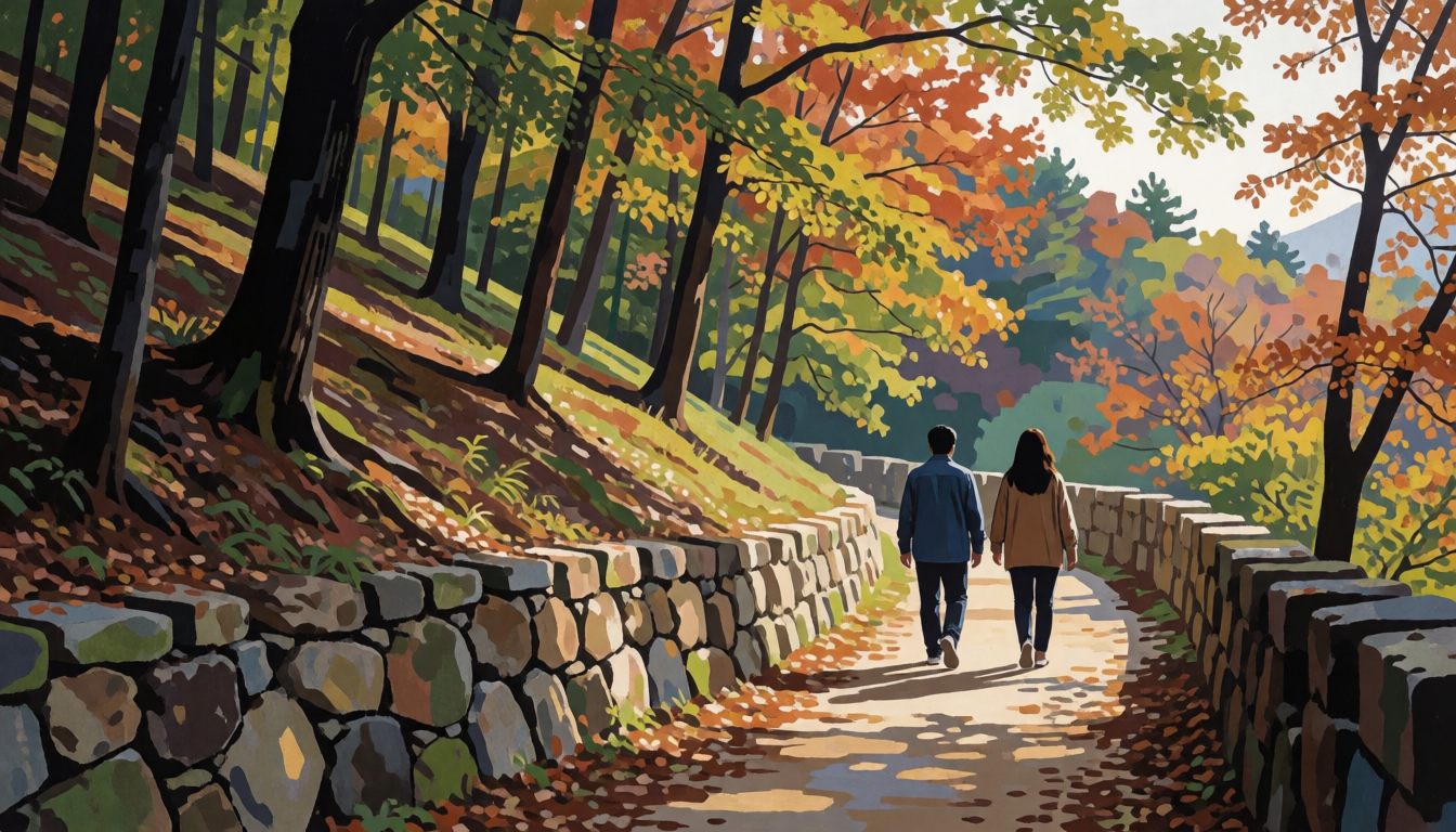 단풍 든 산길과 성곽 옆을 걷는 성인 두 명의 뒷모습