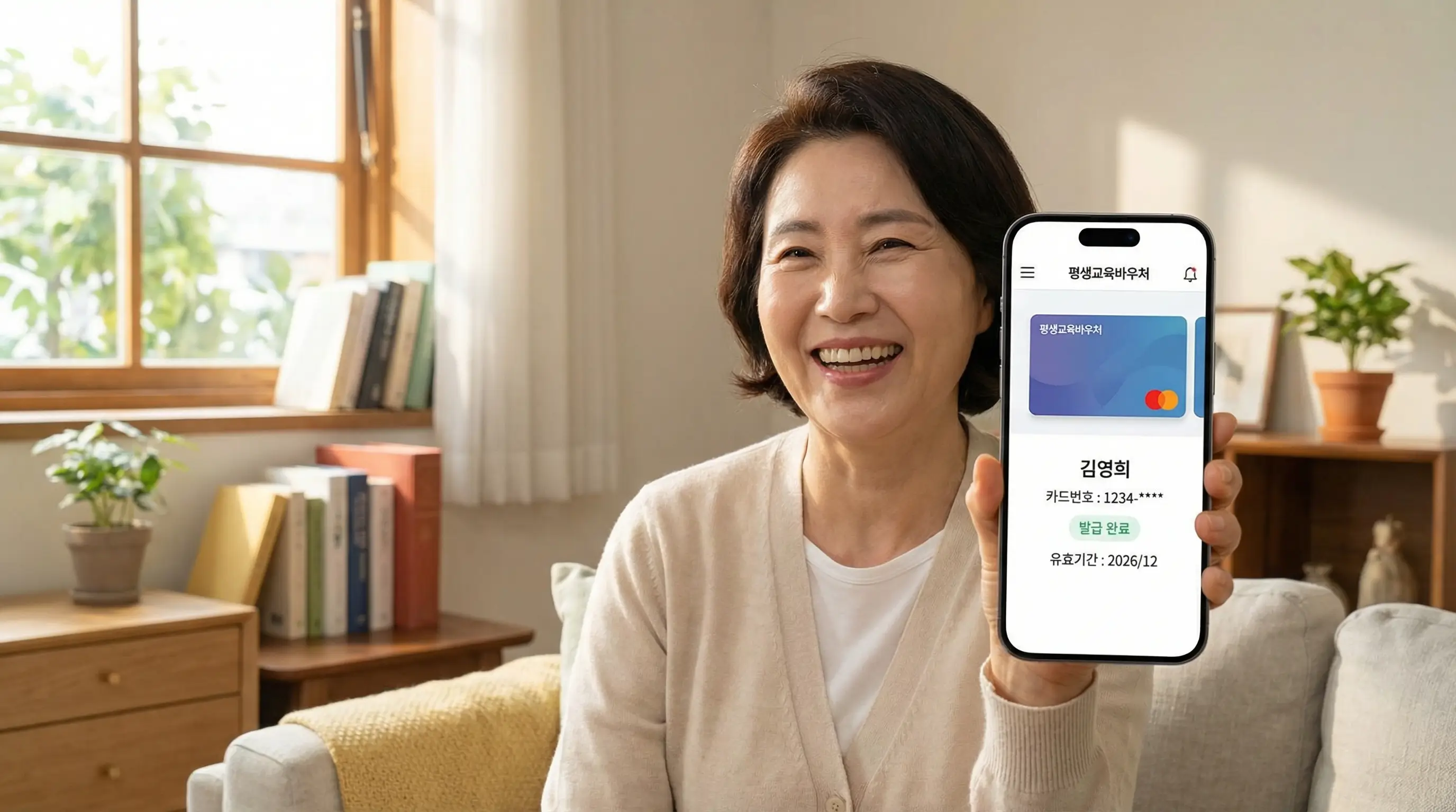 스마트폰으로 평생교육바우처 카드 발급 완료 화면을 확인하고 있는 모습