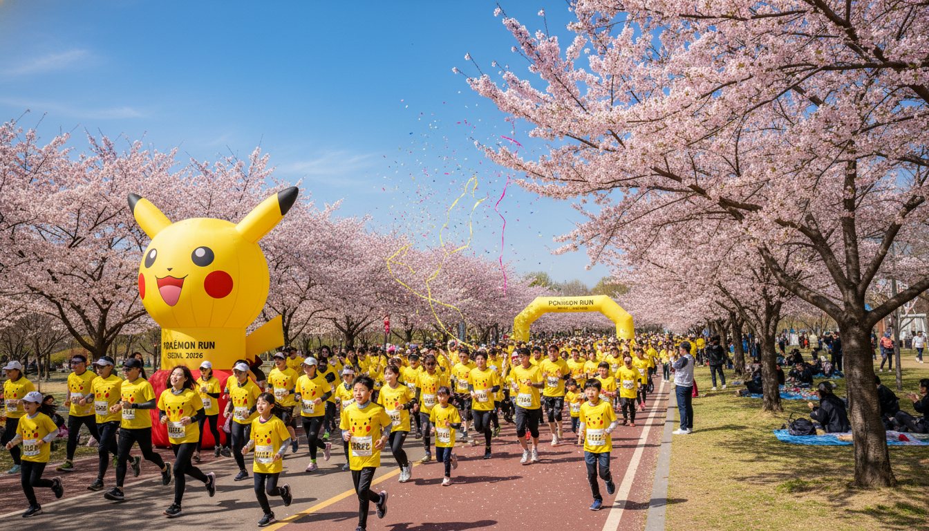 2026 포켓몬 런 서울 행사장에서 노란색 티셔츠를 입은 참가자들이 벚꽃 핀 상암 월드컵공원을 달리는 활기찬 모습