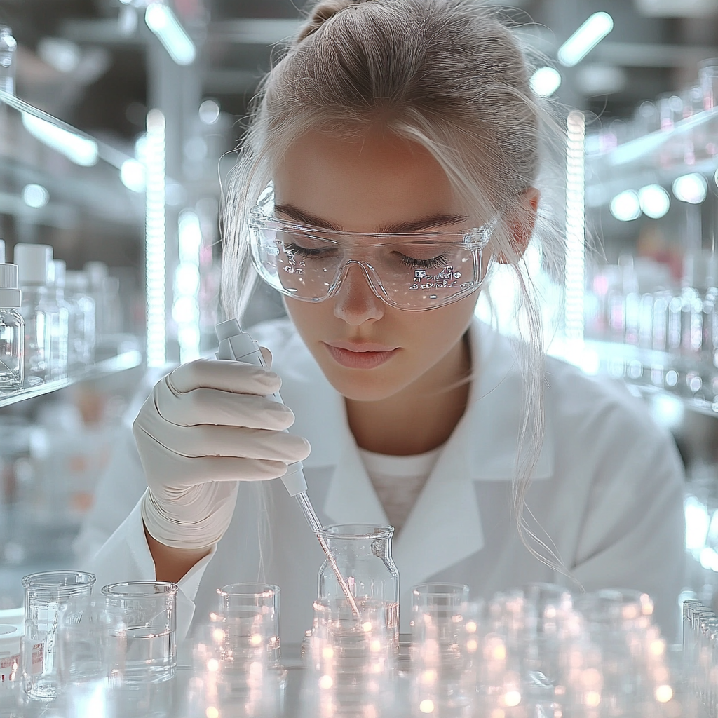 A beauty scientist conducting a pH balance test on a synthetic skin model, using a sleek digital device to measure hydration and pH balance, the lab desk neatly arranged with test tubes, skincare prototypes, and a glowing tablet showing molecular analysis, a bright and clean laboratory with soft ambient lighting emphasizing precision, cinematic lighting, volumetric light, ultra-detailed textures, intricate details, hyper-realistic and innovative environment