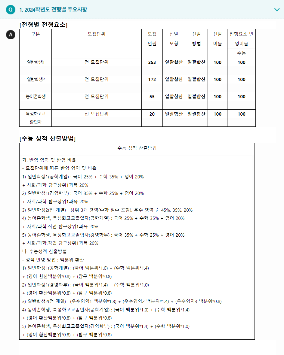 2024학년도 한국공학대학교 수능위주전형 전형별 주요사항