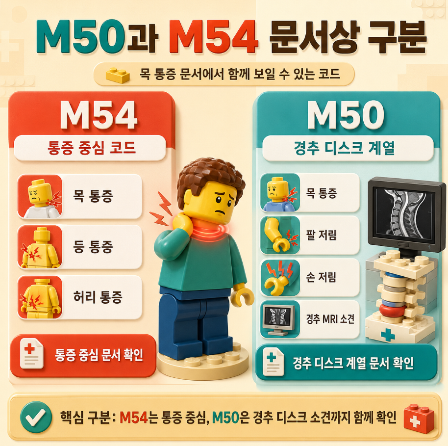 M50과 M54 질병코드의 차이, 통증 중심 코드와 경추 디스크 계열 코드를 비교한 문서 구분 인포그래픽