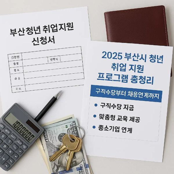 부산 청년 취업지원 신청서, 프로그램 안내서, 열쇠, 지갑, 계산기, 달러 지폐가 정돈된 사물 스튜디오컷 이미지