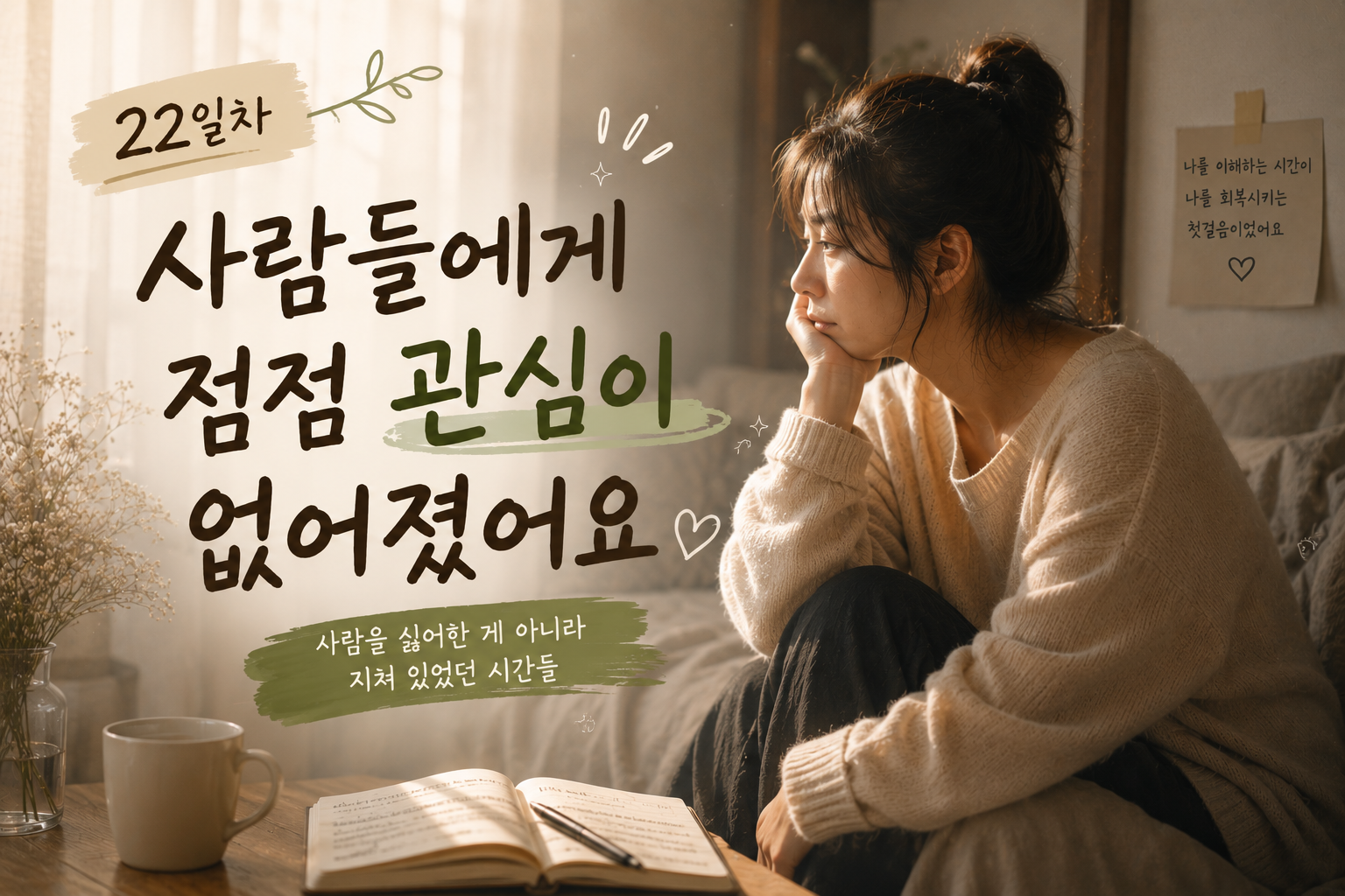 번아웃과 무기력으로 사람들과의 관계가 멀어지고 혼자 있는 시간이 편해진 40대 여성 감성 이미지