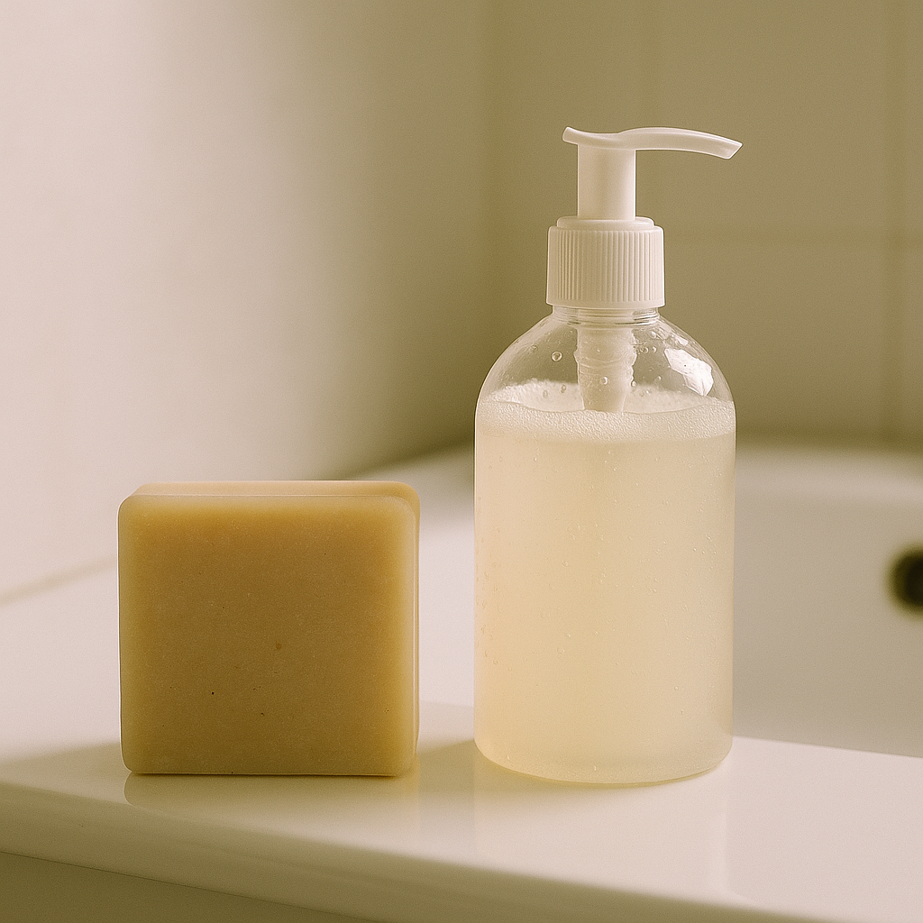 욕실 선반 위에 놓인 사각형 고체비누와 투명 용기에 담긴 펌프형 물비누. 두 제품은 비교를 위해 나란히 배치되어 있으며, 욕실 배경이 흐릿하게 보임.