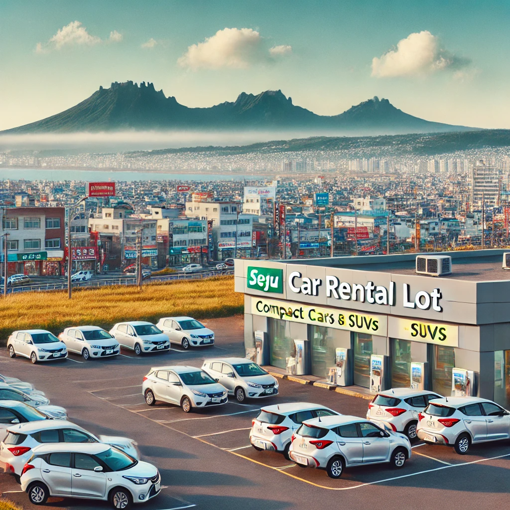 제주도의 현대적인 렌트카 주차장, 컴팩트 카와 SUV, 멀리 보이는 화산산과 맑은 하늘.
