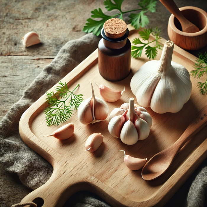 나무 도마 위에 놓인 신선한 마늘 이미지.