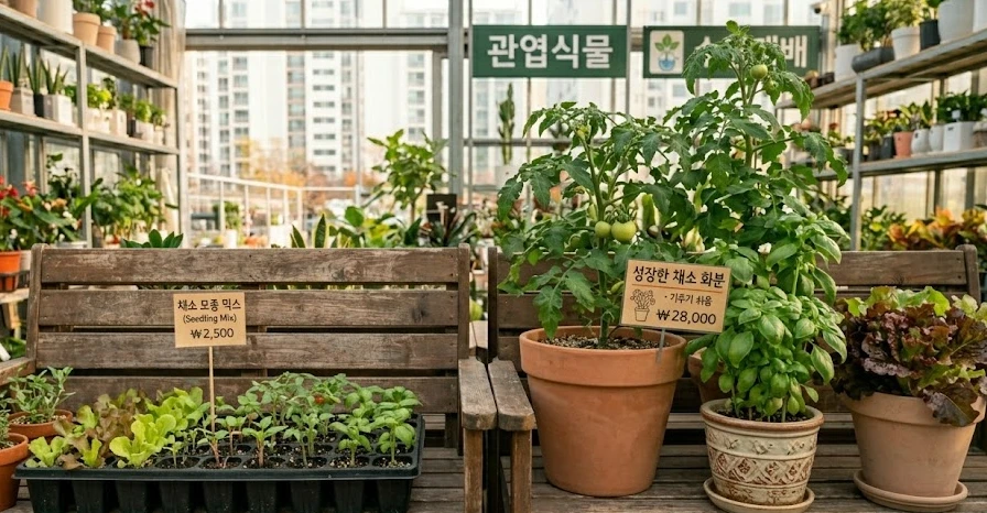 상추와 방울토마토 모종과 어느 정도 자란 식물을 함께 비교한 모습