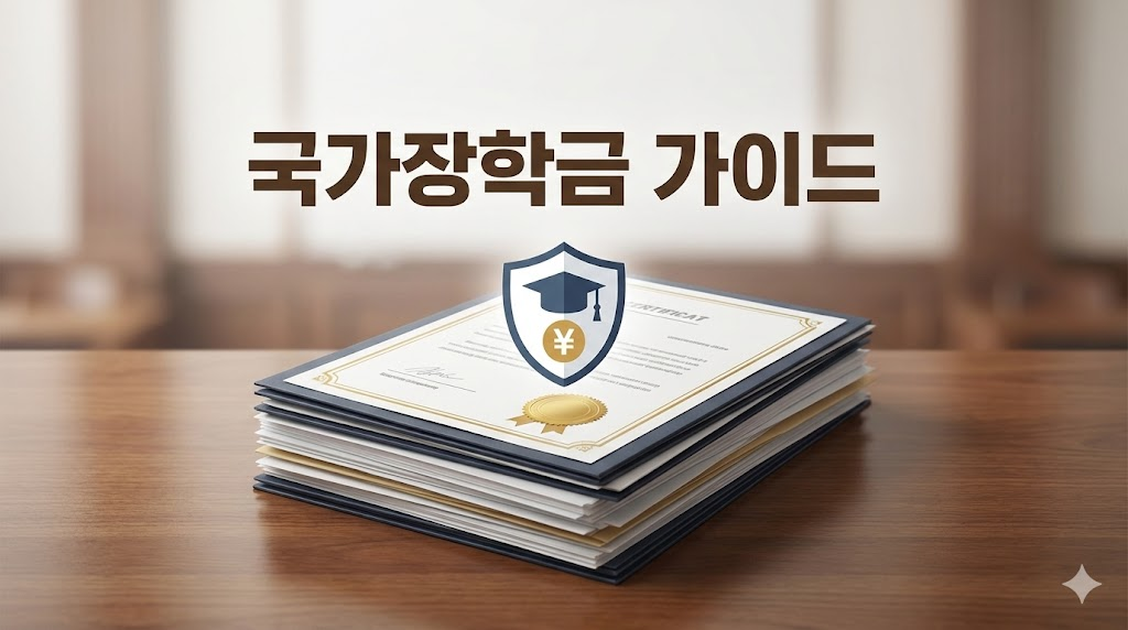 국가장학금 신청과 재정 지원 가이드를 상징하는 서류 및 방패 아이콘