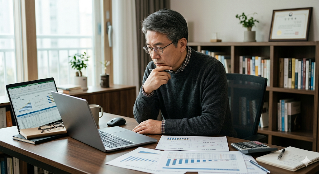 A middle-aged Korean office worker reviewing retirement income plans, pension withdrawal schedules, and healthcare expense projections on a laptop and printed documents. Thoughtful financial planning atmosphere in a modern apartment study room. realistic photo, natural lighting, clean composition, professional lifestyle photography, high-resolution detail, no text, no logos, no watermarks