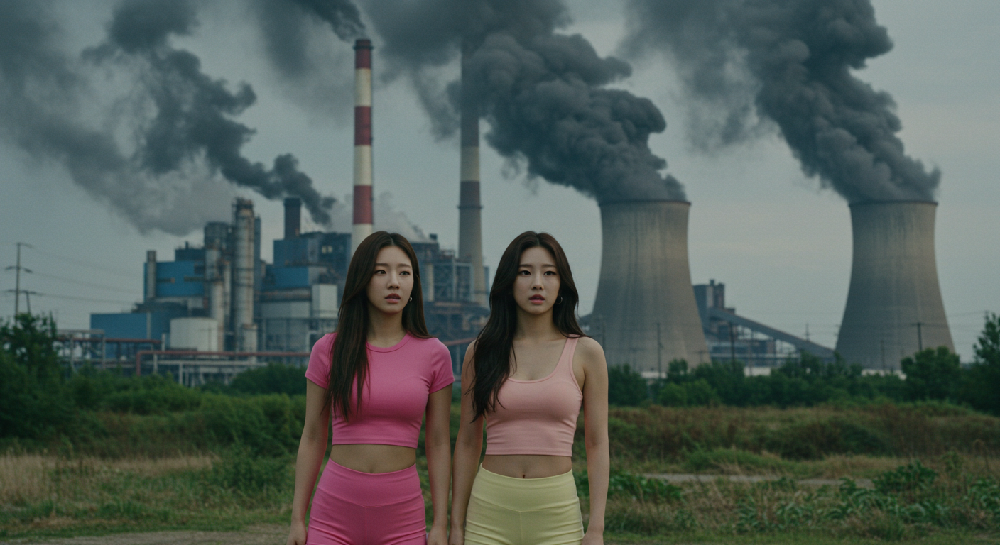 공장 매연을 보고있는 여자들