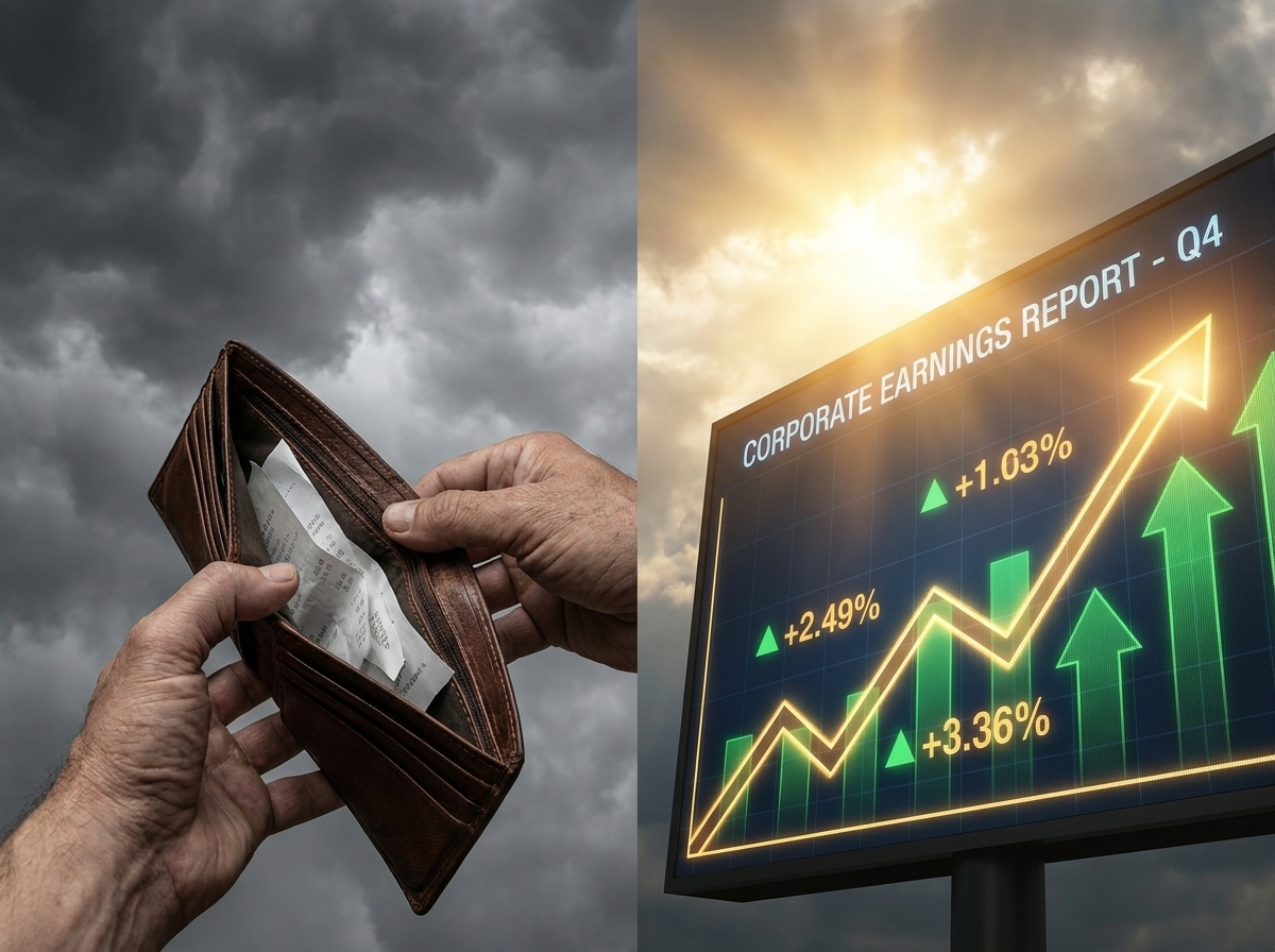 텅 빈 지갑을 든 소비자의 손과 화려한 기업 실적 그래프가 대조되는 시각적 구성, 배경에는 먹구름과 햇살이 동시에 비치는 이미지