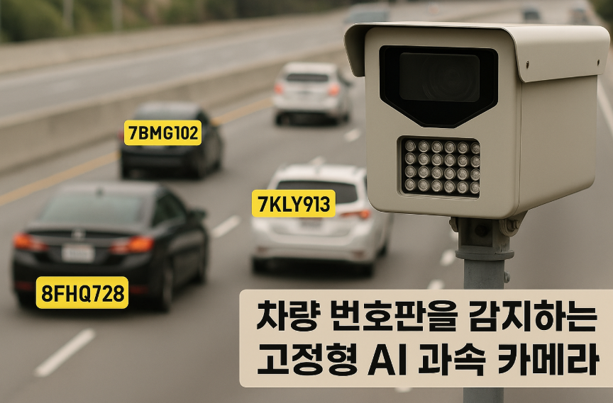 AI 기반 고정형 과속 단속 카메라가 차량 번호판을 자동으로 감지하는 장면 이미지