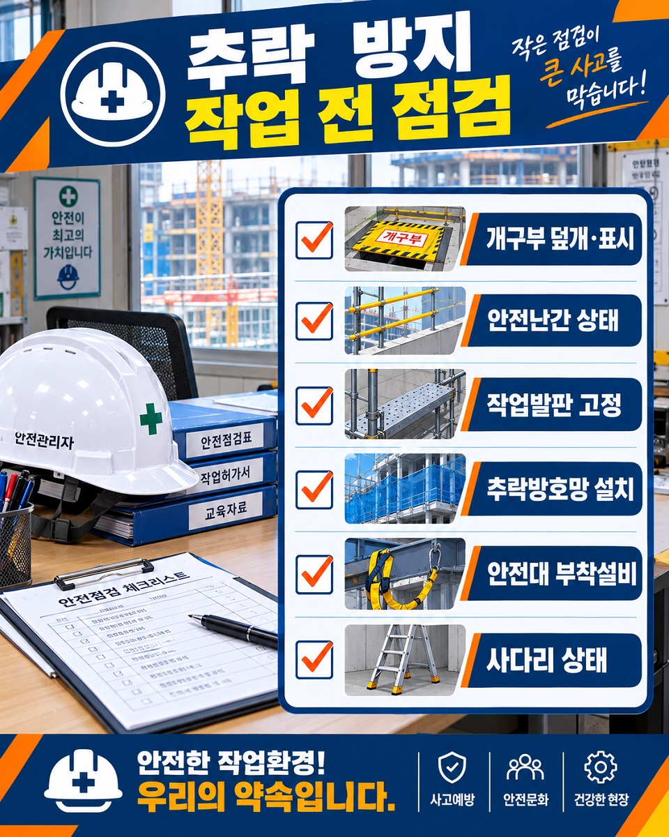 작업 전 개구부, 작업발판, 안전난간, 추락방호망, 안전대 부착설비를 점검하는 체크리스트 카드