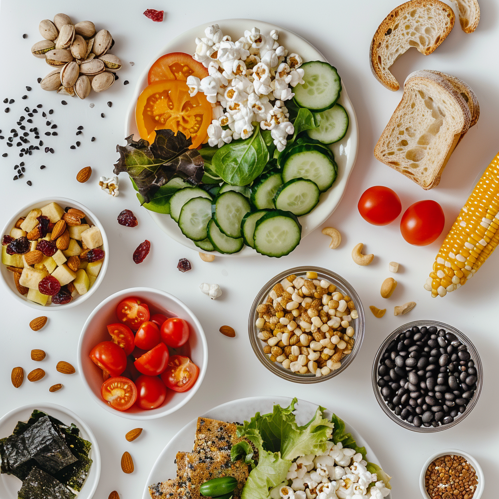 테이블위의 대장내시경 전에 먹으면 안되는 음식이 놓여있다, 실사형이미지