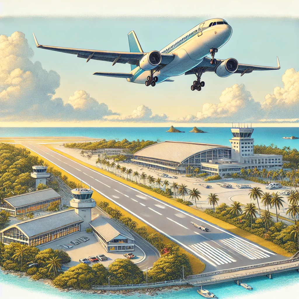 미야코지마 공항 전경과 활주로 모습, 착륙하는 비행기 이미지
