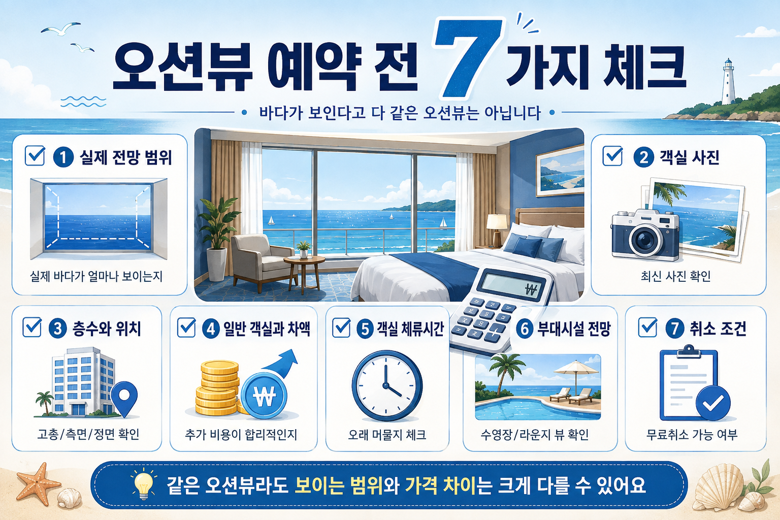 오션뷰 가성비 호텔 예약 전 실제 전망 객실 사진 층수 가격 차이 체류시간 부대시설 취소조건 체크리스트