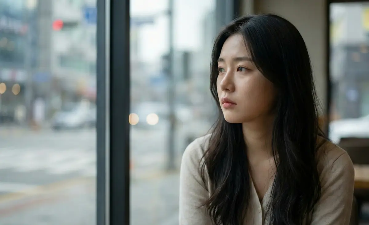 창밖을 바라보며 깊은 고민과 슬픔에 잠긴 여성의 뒷모습