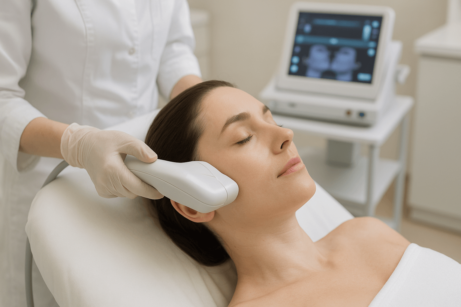 시술용 초음파 기기로 얼굴에 리프팅 시술을 받는 여성의 모습(출처**자체제작)