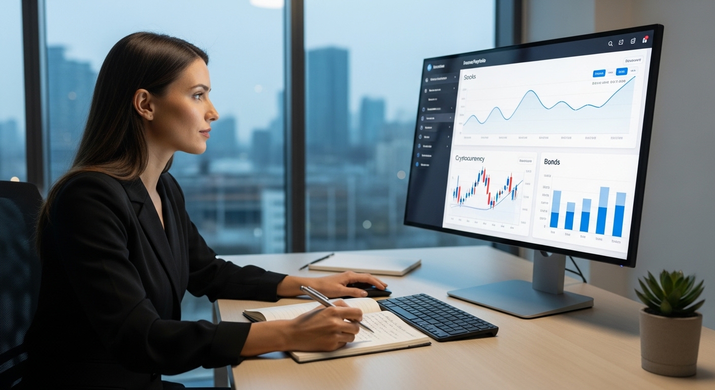 다양한 자산이 포함된 포트폴리오를 신중하게 검토하며 투자 계획을 세우는 투자자의 모습
