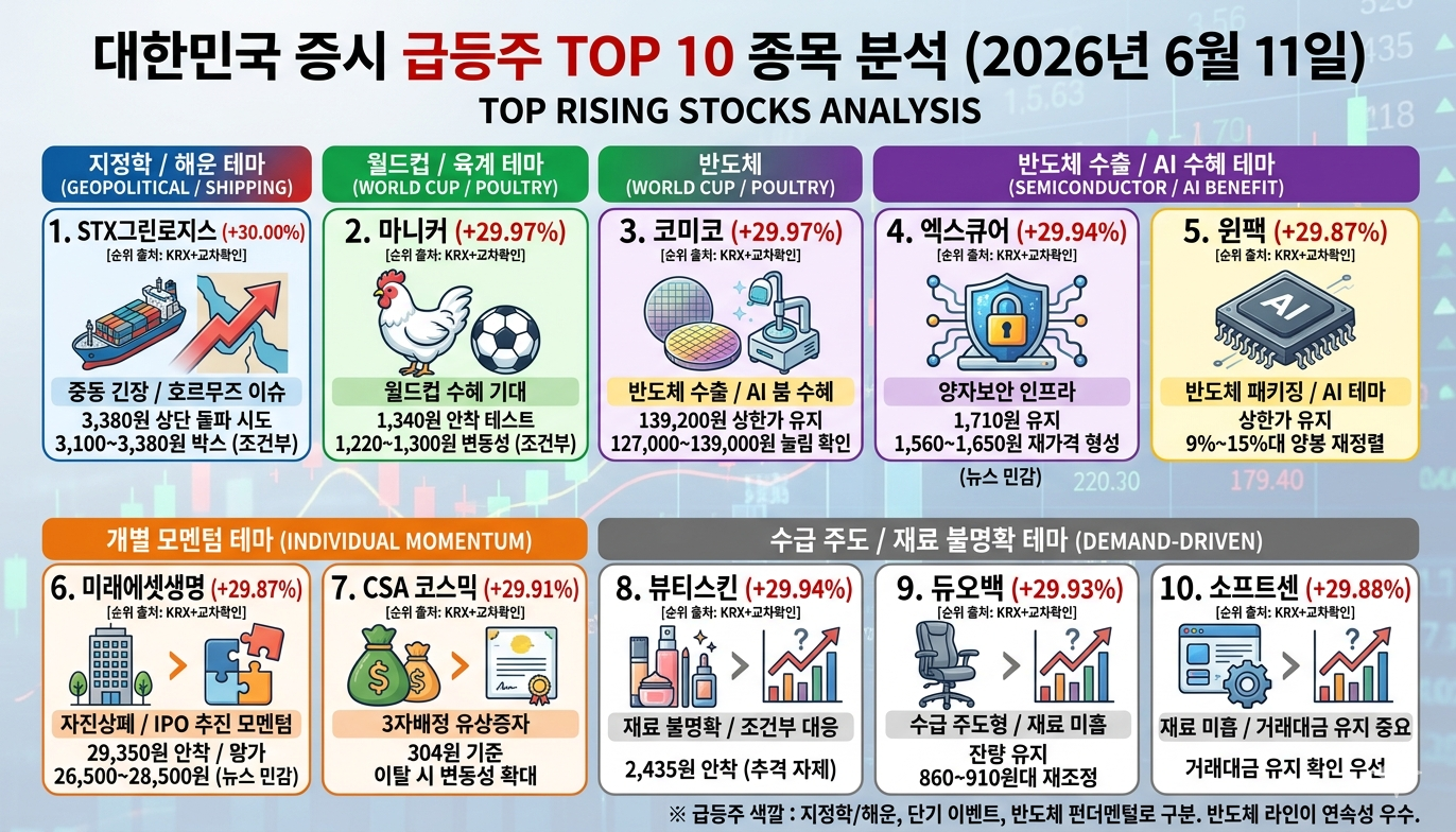 금일 국내 증시 주요 상한가 종목 및 핵심 테마 분류 표