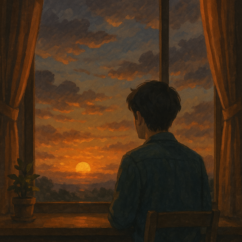 노을진 창가 앞에 앉아 있는 소년의 뒷모습.