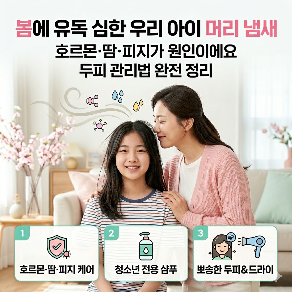 봄철 사춘기 자녀의 정수리 머리 냄새 원인인 호르몬과 피지를 관리하는 방법을 설명하는 블로그 썸네일. 벚꽃이 핀 거실에서 엄마가 딸의 머리 냄새를 맡으며 다정하게 있는 모습과 함께 '호르몬 땀 피지 케어', '청소년 전용 샴푸', '올바른 세정 및 건조'라는 세 가지 핵심 관리 포인트가 아이콘으로 표시되어 있음