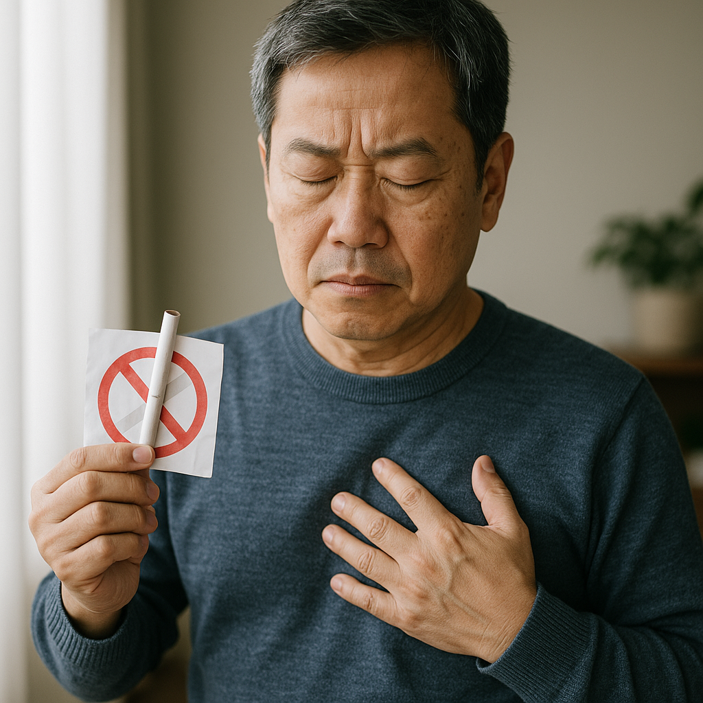 심근경색을 예방하기 위해 금연을 다짐하는 중년